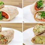 Image showing four different types of wraps on a wooden table. Each wrap is sliced in half to reveal the fillings. The wraps contain a variety of ingredients, including vegetables, greens, and proteins, all neatly presented on four separate plates.