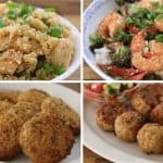 A collage featuring four different dishes: a bowl of chicken fried rice garnished with green onions (top left), a plate of shrimp with vegetables on rice (top right), a plate of falafel patties with a side of dipping sauce (bottom left), and a plate of meatballs with a small salad (bottom right).