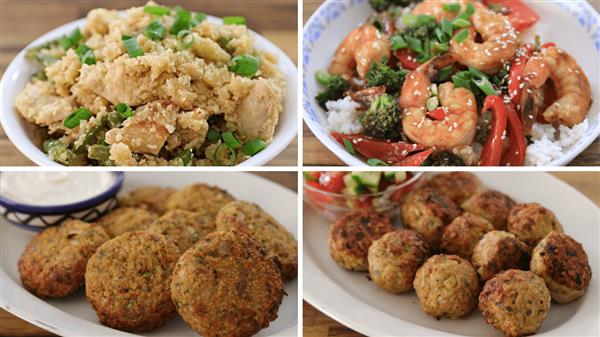 A collage featuring four different dishes: a bowl of chicken fried rice garnished with green onions (top left), a plate of shrimp with vegetables on rice (top right), a plate of falafel patties with a side of dipping sauce (bottom left), and a plate of meatballs with a small salad (bottom right).