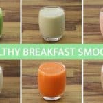 A collage of six different breakfast smoothies in clear glasses. Text in the center reads "6 Healthy Breakfast Smoothies." Smoothies are of various colors: green, pale yellow, pink, white, orange, and beige. The background is a wooden surface.