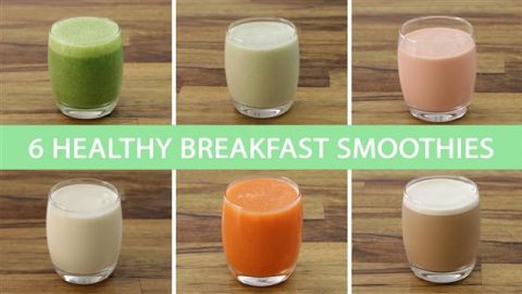 A collage of six different breakfast smoothies in clear glasses. Text in the center reads "6 Healthy Breakfast Smoothies." Smoothies are of various colors: green, pale yellow, pink, white, orange, and beige. The background is a wooden surface.