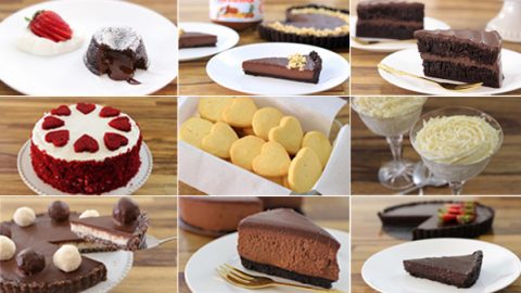 A 3x3 grid of various desserts is shown. It includes chocolate lava cake, chocolate tart, chocolate layer cake, red velvet cake, heart-shaped cookies, crepes, chocolate tart with truffles, chocolate mousse cake, and a slice of chocolate pie.