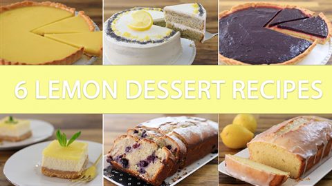 A collage of six lemon desserts: a lemon tart, lemon layer cake, blueberry lemon pie, lemon cheesecake, blueberry lemon bread, and lemon pound cake. The text "6 Lemon Dessert Recipes" is prominently displayed in the center.