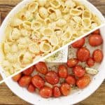 A circular white baking dish is divided diagonally. The left half contains creamy pasta shells, while the right half has roasted cherry tomatoes, a block of cheese, and garlic cloves on a wooden surface.