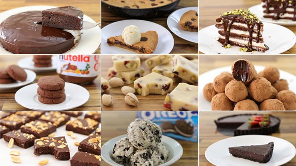 A collage of nine dessert photos. They include a chocolate cake, skillet cookie with ice cream, layered cake with nuts, chocolate cookies, white chocolate bark with nuts, chocolate truffles, peanut chocolate fudge, cookies and cream ice cream, and chocolate tart.