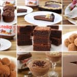 A collage of nine dessert images showcasing various chocolate treats. Includes muffins, tart slices, crepes with Nutella, cookies, brownies, chocolate truffles, mousse, and a large chocolate disc. Nutella jars are visible in some images.