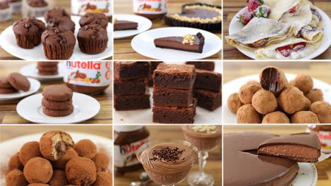 A collage of nine dessert images showcasing various chocolate treats. Includes muffins, tart slices, crepes with Nutella, cookies, brownies, chocolate truffles, mousse, and a large chocolate disc. Nutella jars are visible in some images.