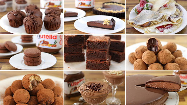 A collage of nine dessert images showcasing various chocolate treats. Includes muffins, tart slices, crepes with Nutella, cookies, brownies, chocolate truffles, mousse, and a large chocolate disc. Nutella jars are visible in some images.