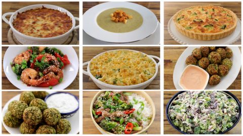 A collage of nine food dishes: baked lasagna, creamy soup with croutons, broccoli quiche, shrimp stir-fry, mac and cheese, fried balls with sauce, falafel with dip, bowl of beef and veggies, and a bowl of broccoli salad.