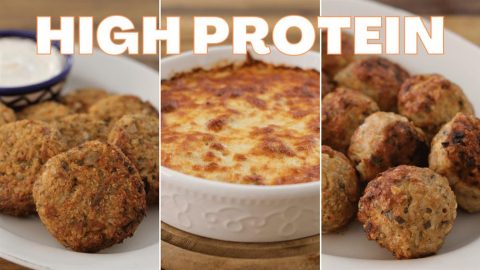 A triptych image featuring high-protein dishes. The left panel shows breaded patties with a dipping sauce, the middle panel displays a baked cheesy dish, and the right panel presents a plate of meatballs. The text "HIGH PROTEIN" is prominently displayed above the dishes.