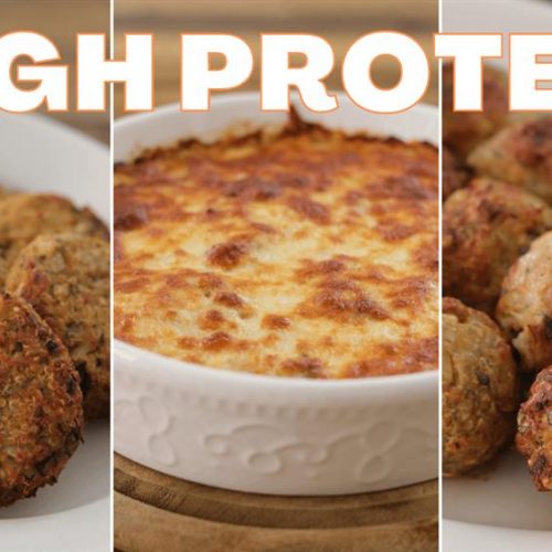 A triptych image featuring high-protein dishes. The left panel shows breaded patties with a dipping sauce, the middle panel displays a baked cheesy dish, and the right panel presents a plate of meatballs. The text "HIGH PROTEIN" is prominently displayed above the dishes.