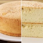 A light brown sponge cake is shown in two views: whole on the left and sliced in half on the right, revealing its soft, airy texture. It is placed on a white plate with a wooden table surface in the background.