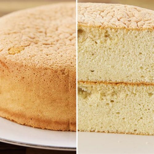 A light brown sponge cake is shown in two views: whole on the left and sliced in half on the right, revealing its soft, airy texture. It is placed on a white plate with a wooden table surface in the background.