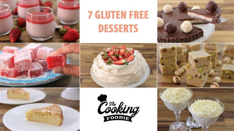 A collage titled "7 Gluten Free Desserts" featuring various sweets: strawberry mousse, chocolate cake slices, strawberry and nut cake, almond sponge cake slices, two bowls of shredded white chocolate, and hand-held pink Turkish delights. The Cooking Foodie logo is at the bottom.