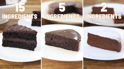 A comparison of three chocolate cakes shows varying ingredient counts. The first cake has 15 ingredients and features thick, layered frosting. The second cake has 5 ingredients, with a single layer of frosting. The third cake has 2 ingredients, with a powdered sugar top.