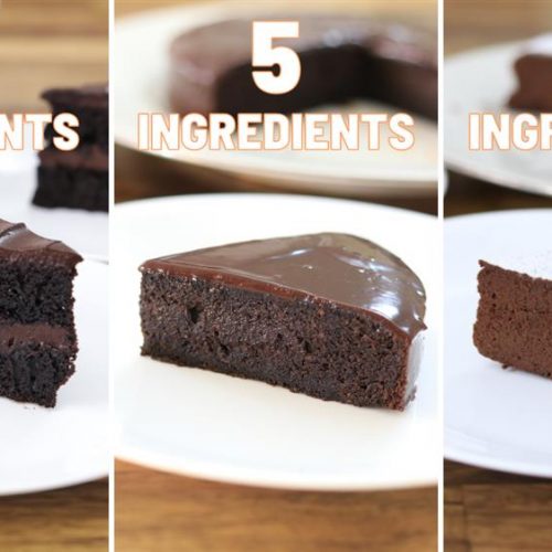 A comparison of three chocolate cakes shows varying ingredient counts. The first cake has 15 ingredients and features thick, layered frosting. The second cake has 5 ingredients, with a single layer of frosting. The third cake has 2 ingredients, with a powdered sugar top.