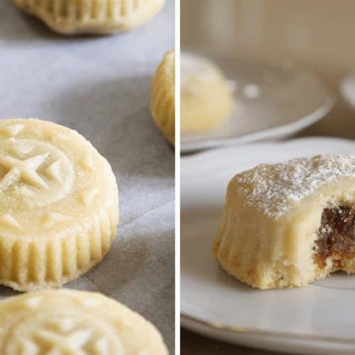 Left side: Several round, intricately patterned cookies on parchment paper. Right side: One of the same cookies on a plate, broken in half to reveal a filling of dates or nuts, with powdered sugar dusting on top.