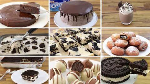 A grid of 9 images showcasing various Oreo desserts: chocolate cake with Oreo topping, chocolate cake with dripping ganache, Oreo milkshake, Oreo ice cream being scooped, Oreo cheesecake bars, Oreo stuffed cookies, Oreo tiramisu, Oreo truffles, and an Oreo tart.