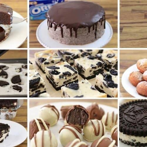 A grid of 9 images showcasing various Oreo desserts: chocolate cake with Oreo topping, chocolate cake with dripping ganache, Oreo milkshake, Oreo ice cream being scooped, Oreo cheesecake bars, Oreo stuffed cookies, Oreo tiramisu, Oreo truffles, and an Oreo tart.