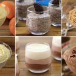 A collage of six creamy desserts in glass containers. They include a yellow dessert topped with a mint leaf, a gray dessert with a cookie, a dessert garnished with nuts, a white chocolate dessert, a layered dessert with white and brown layers, and a chocolate mousse.