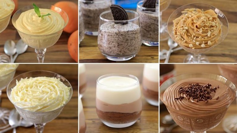 A collage of six creamy desserts in glass containers. They include a yellow dessert topped with a mint leaf, a gray dessert with a cookie, a dessert garnished with nuts, a white chocolate dessert, a layered dessert with white and brown layers, and a chocolate mousse.