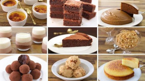 A grid of 9 chocolate-based desserts, including crème brûlée, brownies, chocolate flan, layered mousse, chocolate cake slice, mousse with nuts, chocolate truffles, ice cream, and a sponge cake. All desserts are artistically presented on dishes or in bowls.