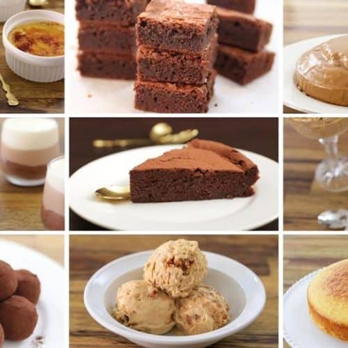 A grid of 9 chocolate-based desserts, including crème brûlée, brownies, chocolate flan, layered mousse, chocolate cake slice, mousse with nuts, chocolate truffles, ice cream, and a sponge cake. All desserts are artistically presented on dishes or in bowls.