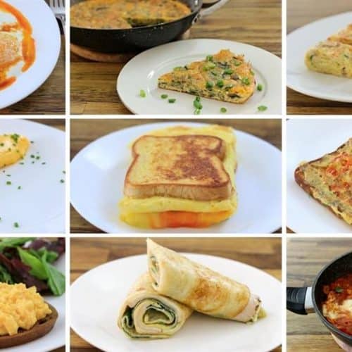 A 3x3 grid of different egg dishes. Top row: poached eggs in sauce, frittata, rolled omelette with chopsticks. Middle row: plain omelette, egg sandwich, baked egg dish. Bottom row: scrambled eggs with greens, egg wrap, shakshuka in a pan.