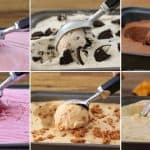 A collage of six images showing different flavors of ice cream being scooped with a metal ice cream scooper. The flavors include strawberry, cookies and cream, chocolate, raspberry, caramel, and vanilla. A hand holds the scooper in each image.