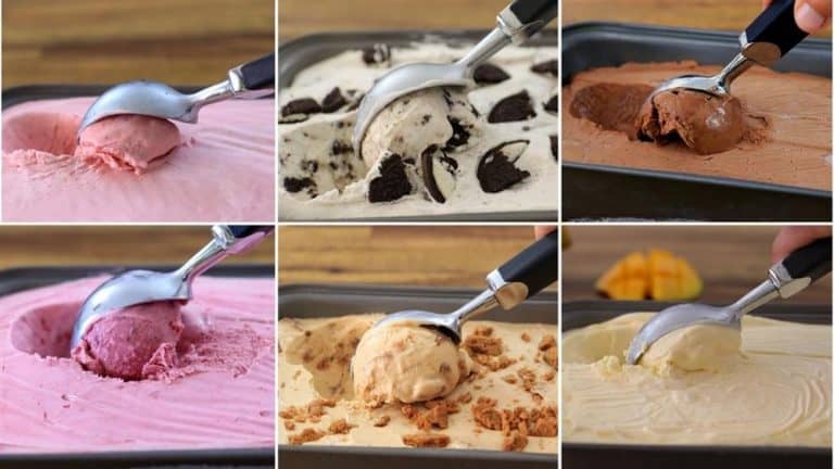 A collage of six images showing different flavors of ice cream being scooped with a metal ice cream scooper. The flavors include strawberry, cookies and cream, chocolate, raspberry, caramel, and vanilla. A hand holds the scooper in each image.