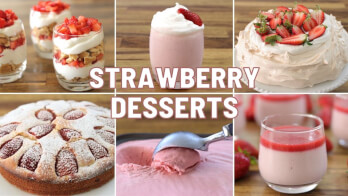 A collage featuring six strawberry desserts: trifles in glasses, whipped strawberry mousse, a cake with whipped topping and strawberries, a strawberry-topped cake dusted with powdered sugar, a spoon dipping into strawberry mousse, and strawberry panna cotta. "STRAWBERRY DESSERTS" is written in the center.