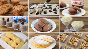 A collage of nine dessert images: peanut butter cookies, Oreo ice cream being scooped, chocolate Nutella cookies, Oreo mousse, chocolate ice cream, mousse in glasses with grated cheese, lemon cookies, lemon cheesecake, and cereal marshmallow squares.