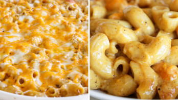 Close-up of two dishes of macaroni and cheese. The left side shows macaroni with a golden-brown, baked cheese topping, while the right side features creamy macaroni with a smooth, cheesy sauce. Both dishes showcase tender pasta and rich, melted cheese.