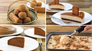 A collage of four dessert images featuring speculoos cookies. Top-left: a basket of round treats with biscuits. Top-right: a slice of speculoos cheesecake. Bottom-left: a slice of speculoos cake. Bottom-right: ice cream being scooped from a tray with crumbled cookies.