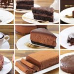 A grid of nine images showcasing various chocolate desserts, including pieces of cake, molten chocolate lava cake, and a chocolate mousse cake. Two cups of coffee with frothy milk are also visible in one of the images.