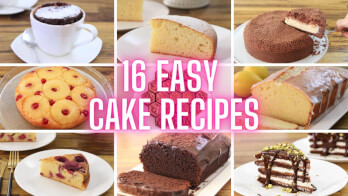 A collage of various cakes including chocolate, sponge, and fruit-topped varieties. The central text reads "16 Easy Cake Recipes" in bold pink letters. Each cake image showcases a different recipe, plated neatly on white dishes and wooden tables.