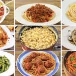 A collage of nine different pasta dishes is shown. The dishes include macaroni with cherry tomatoes, spaghetti with meat sauce, plain fettucine, baked ziti, macaroni and cheese, linguine with clams, pesto pasta, spaghetti and meatballs, and penne arrabbiata.