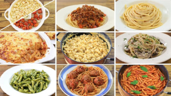 A collage of nine different pasta dishes is shown. The dishes include macaroni with cherry tomatoes, spaghetti with meat sauce, plain fettucine, baked ziti, macaroni and cheese, linguine with clams, pesto pasta, spaghetti and meatballs, and penne arrabbiata.