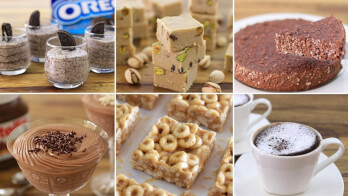 A collage of six dessert images: Oreo mousse in glasses with Oreo cookie garnish, pistachio fudge squares, chocolate cake with a slice cut out, chocolate mousse with chocolate shavings, cereal bars with a drizzle, and two cups of frothy coffee.