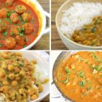 A collage of four dishes featuring Indian cuisine. Top left: A bowl of spicy meatballs in red curry sauce. Top right: A bowl of lentil curry with white rice. Bottom left: Chickpea curry served over rice. Bottom right: Chicken curry in orange sauce with herbs.