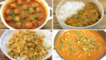 A collage of four dishes featuring Indian cuisine. Top left: A bowl of spicy meatballs in red curry sauce. Top right: A bowl of lentil curry with white rice. Bottom left: Chickpea curry served over rice. Bottom right: Chicken curry in orange sauce with herbs.