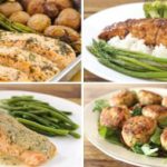 A collage of four different meals featuring salmon and vegetables. Top left: Salmon with potatoes and broccoli. Top right: Glazed salmon with rice, asparagus, and broccoli. Bottom left: Salmon with green beans and a creamy herb sauce. Bottom right: Salmon patties with greens.