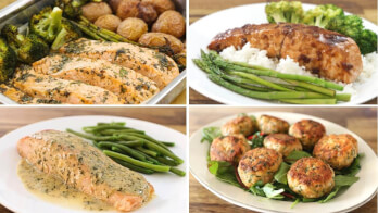 A collage of four different meals featuring salmon and vegetables. Top left: Salmon with potatoes and broccoli. Top right: Glazed salmon with rice, asparagus, and broccoli. Bottom left: Salmon with green beans and a creamy herb sauce. Bottom right: Salmon patties with greens.