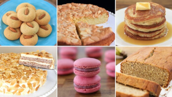 A collage of six images featuring various baked goods: almond cookies on a blue plate, almond cake, pancakes with butter and syrup, almond layered cake, pink macarons, and slices of a loaf cake.