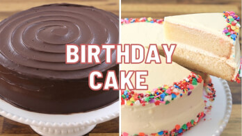 A split image showing two different birthday cakes. The left side features a chocolate frosted cake on a white stand. The right side displays a slice being taken from a vanilla frosted cake with colorful sprinkles on the edges, also on a white stand. Text in the center reads "BIRTHDAY CAKE.