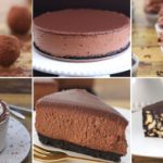 A grid of six images featuring chocolate desserts: truffles dusted with cocoa powder, a chocolate cheesecake on a white stand, cupcakes with chocolate frosting, hot chocolate topped with whipped cream, a slice of chocolate cheesecake, and a slice of chocolate biscuit cake.