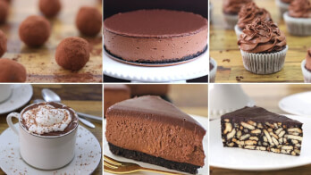 A grid of six images featuring chocolate desserts: truffles dusted with cocoa powder, a chocolate cheesecake on a white stand, cupcakes with chocolate frosting, hot chocolate topped with whipped cream, a slice of chocolate cheesecake, and a slice of chocolate biscuit cake.