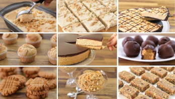 A collage of nine dessert images includes ice cream, frosted squares, a chocolate-drizzled bar, muffins, a layered cake, truffles, peanut butter cookies, mousse in glasses, and nutty squares. Various textures and presentations of sweet treats are showcased.