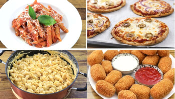 A four-part collage features a plate of penne pasta with red sauce and basil, three mini pizzas with cheese and olives, a pot of creamy macaroni and cheese, and a plate of breaded, fried cheese sticks accompanied by marinara and ranch dipping sauces.