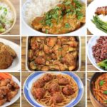 A collage of nine different dishes featuring diverse cuisines. Top row: beef stir-fry, curry with rice, grilled fish with asparagus and broccoli. Middle row: falafel with dipping sauce, chicken stir-fry, vegetable stir-fry with rice. Bottom row: wings with vegetables and dip, spaghetti with meatballs, penne pasta in tomato sauce.